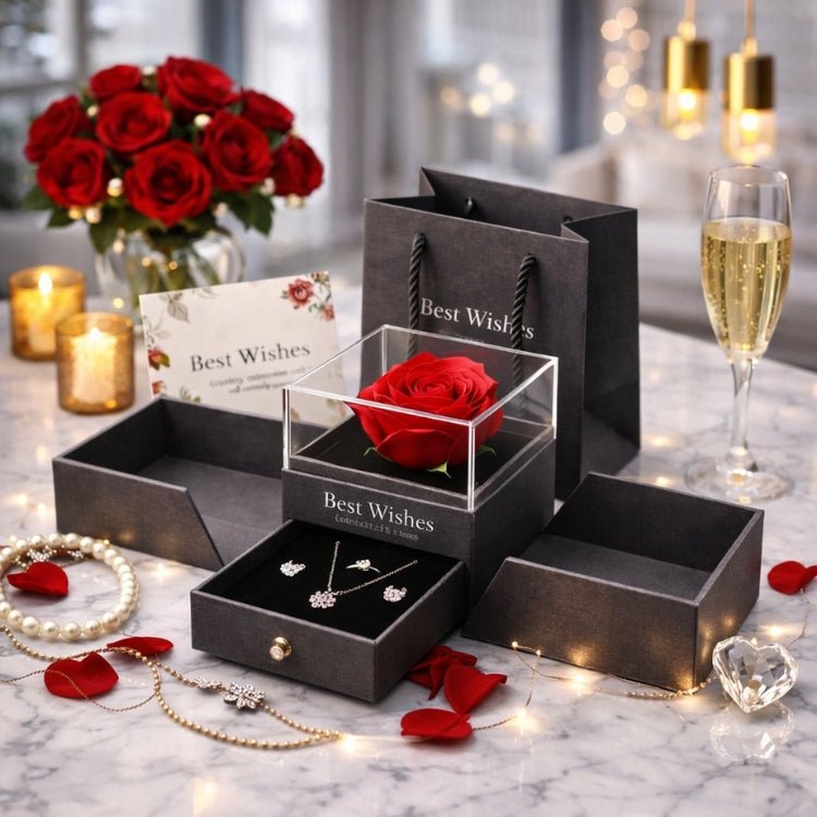 Black Best Wishes' gift box featuring a preserved red rose in a clear case and a pull-out jewelry drawer containing a silver necklace and earrings, set on a marble table with roses and candles