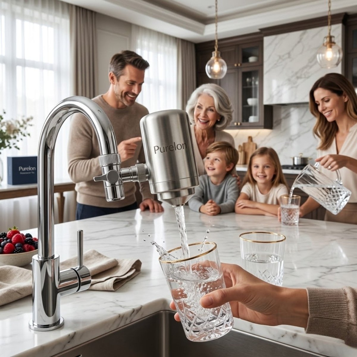 A happy multi-generational family gathering in a luxury kitchen around a Pureion faucet water filter for clean drinking water.