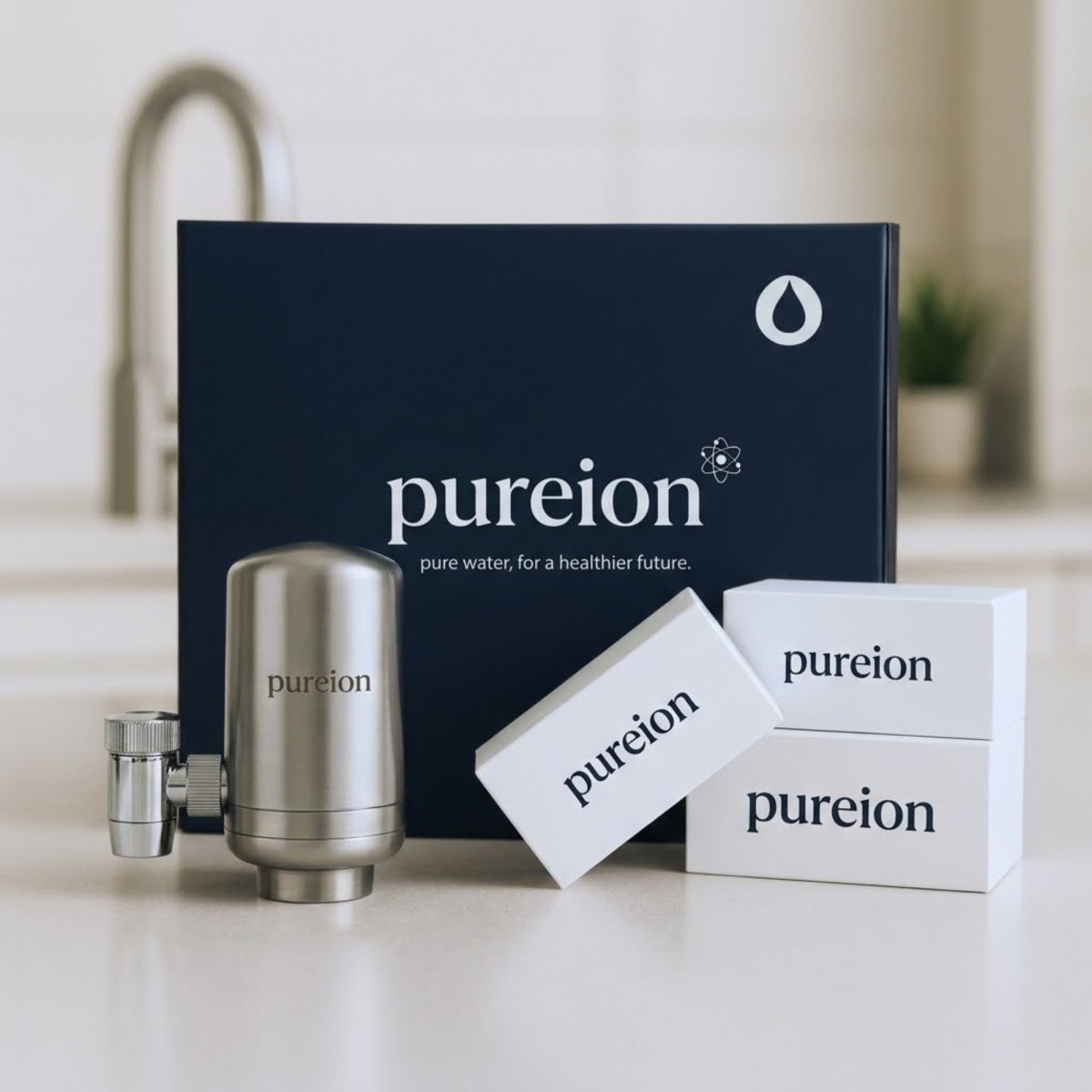 Pureion premium water filter kit with sleek blue packaging and a 3-pack of replacement filter cartridges on a white countertop.