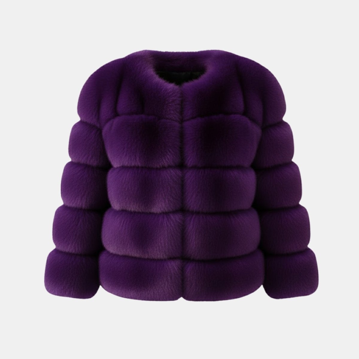 Front product shot of the Kouvr Fashion collarless cropped faux fur jacket in a deep purple color against a light grey background.
