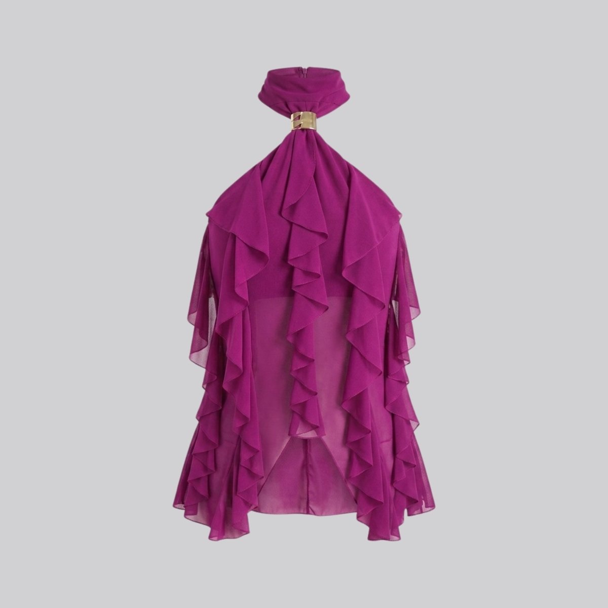 Product front view shot of magenta ruffle halter top with sheer overlay on a light grey background.