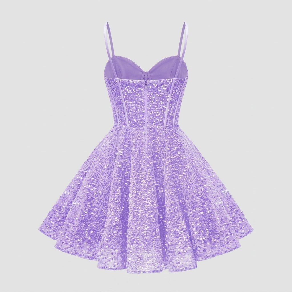 Ghost mannequin back view of the Kouvr short purple sequin dress showing the flared A-line skirt silhouette and delicate straps.