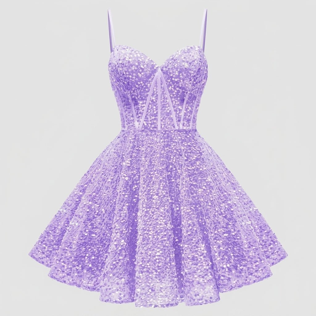Ghost mannequin front view of the Kouvr purple sequin mini cocktail dress highlighting the sweetheart neckline and corset boning details.