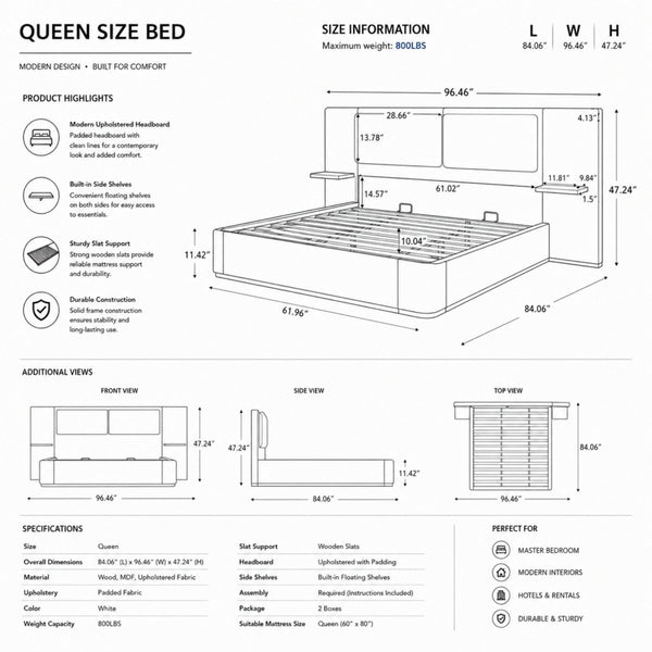 Detailed schematic showing dimensions, sturdy slat support, and 800lb weight capacity for the modern upholstered bed with integrated side shelves.