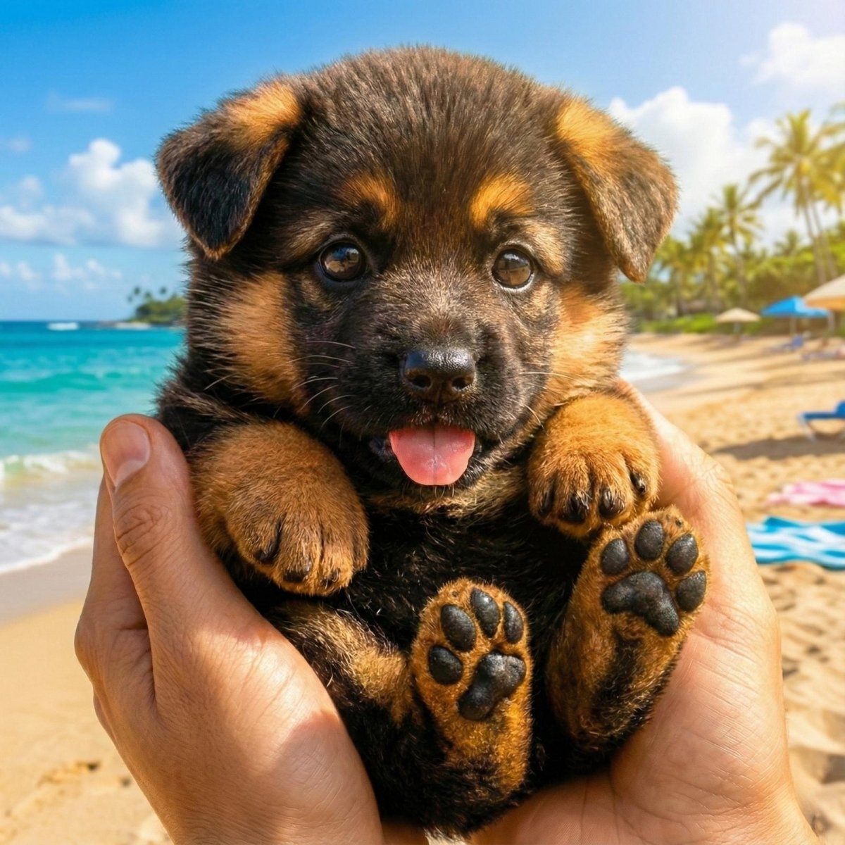 A detailed close-up of the Kouvr Fashion realistic robot German Shepherd puppy being gently held, showing its highly lifelike eyes, textured fur, and playful expression against a coastal backdrop