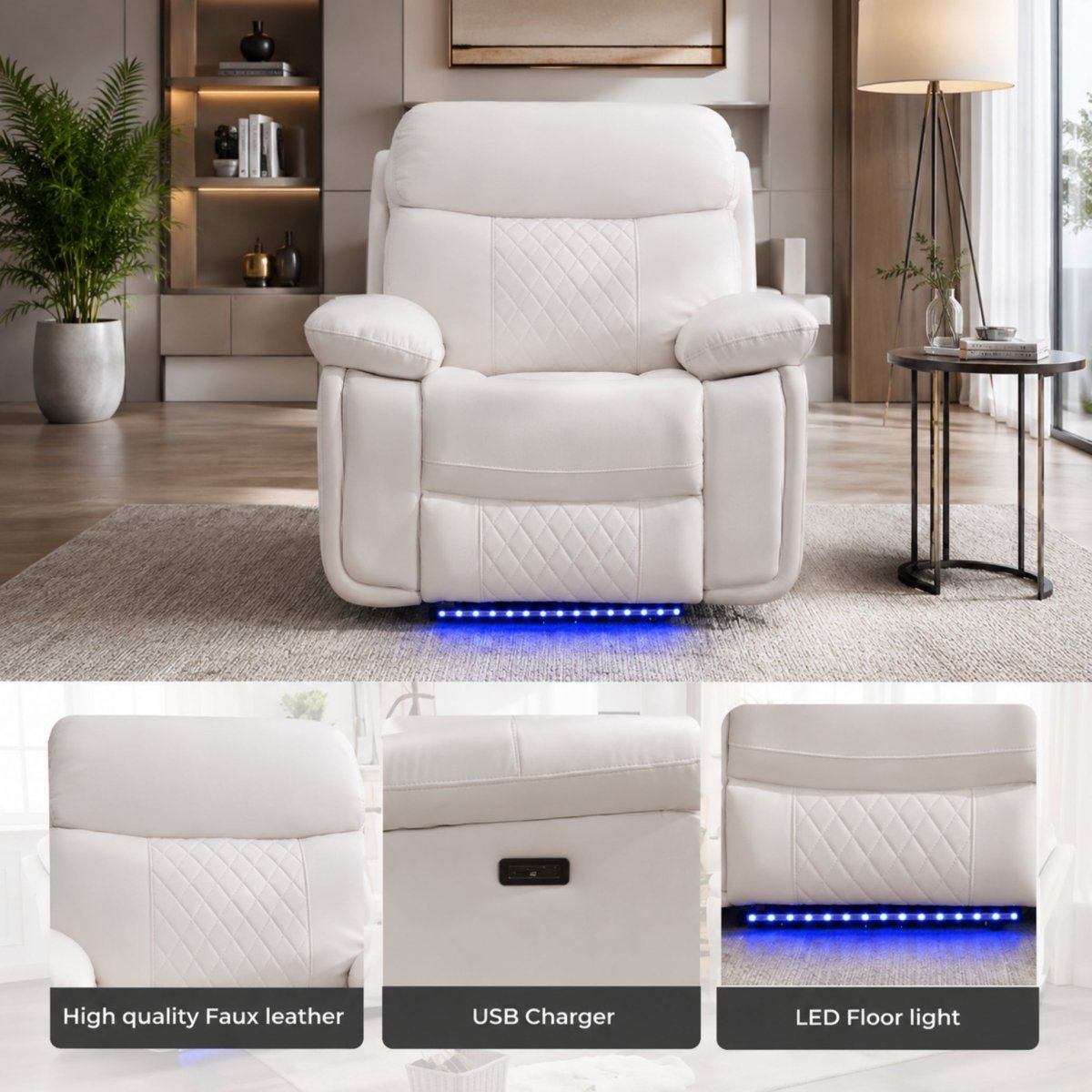 Close up details of white power recliner showing high quality faux leather, side USB charger port, and LED floor light.