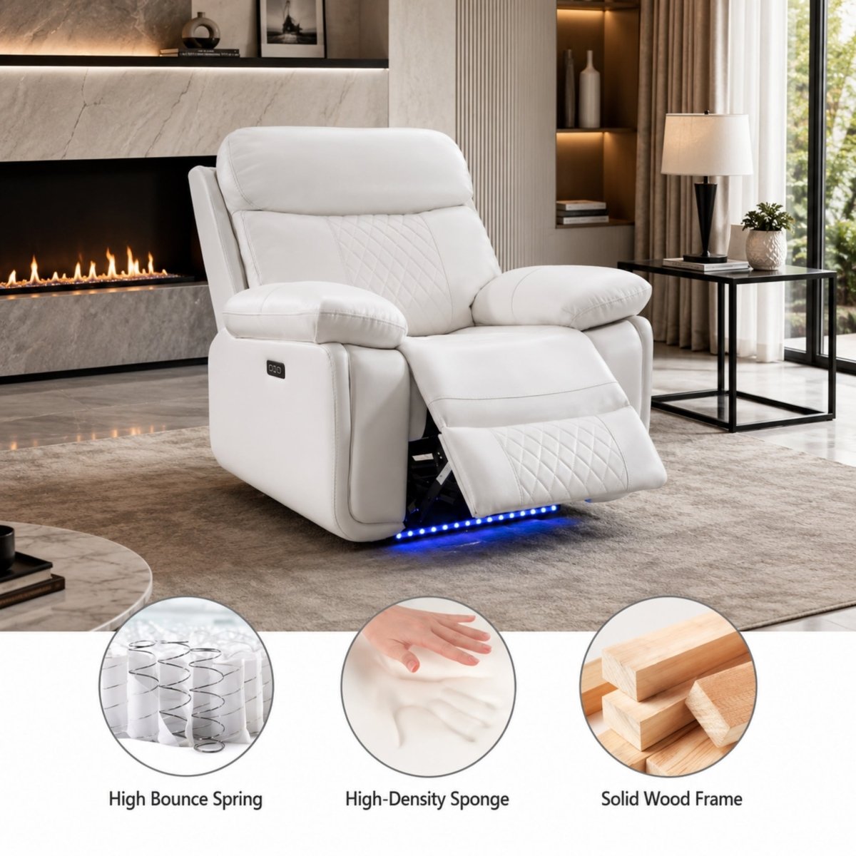 Cutaway graphics showing high bounce springs, high-density memory sponge, and solid wood frame construction of the recliner.