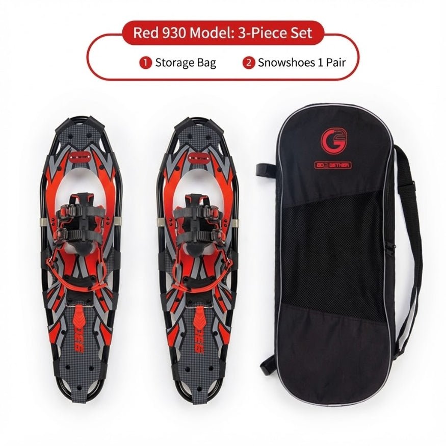 Professional Red 930 Model 3-piece snowshoe set featuring one pair of large-deck snowshoes and a black branded storage bag.