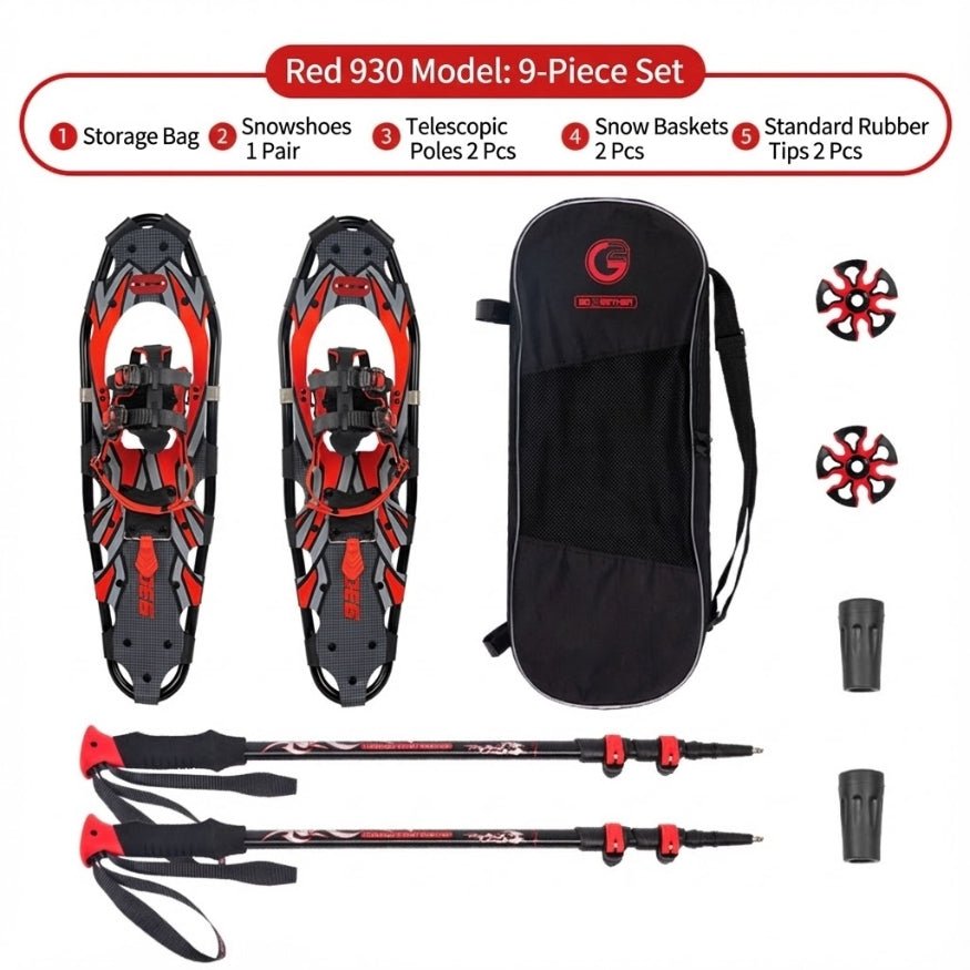 Full winter hiking bundle with Red 930 model snowshoes, adjustable poles with baskets, and a heavy-duty carrying case.