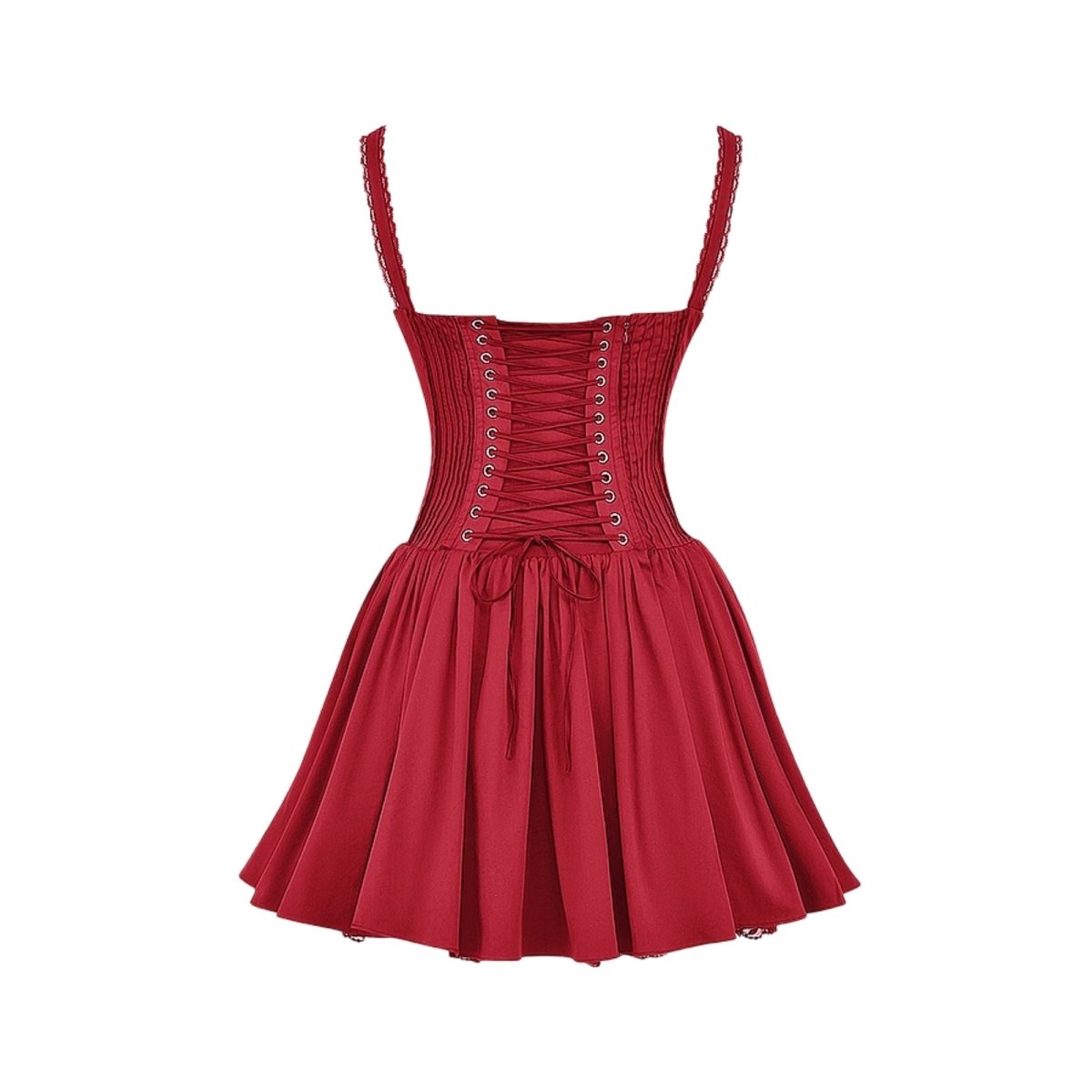 Red kouvr dress with corset-style bodice on a white background