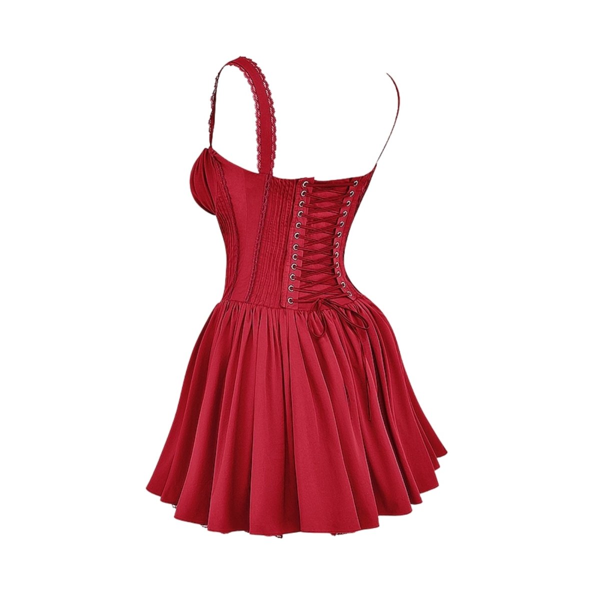 Red kouvr dress with corset-style bodice on a white background