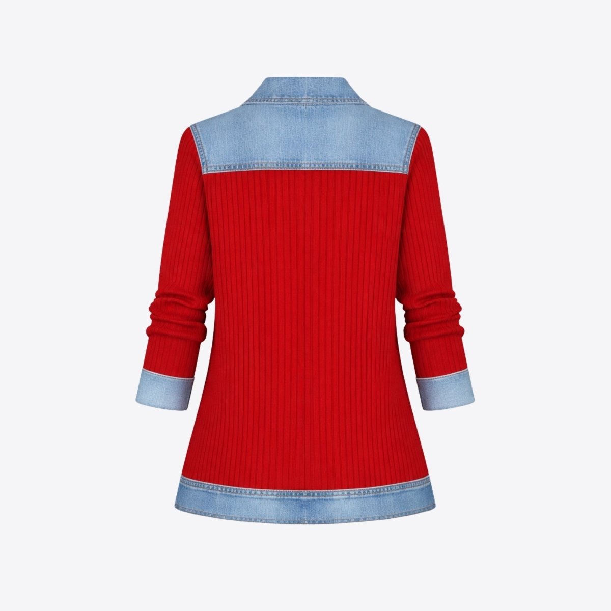 Flat lay back product view of the Kouvr red ribbed knit and denim mixed media outerwear jacket showing panel construction.