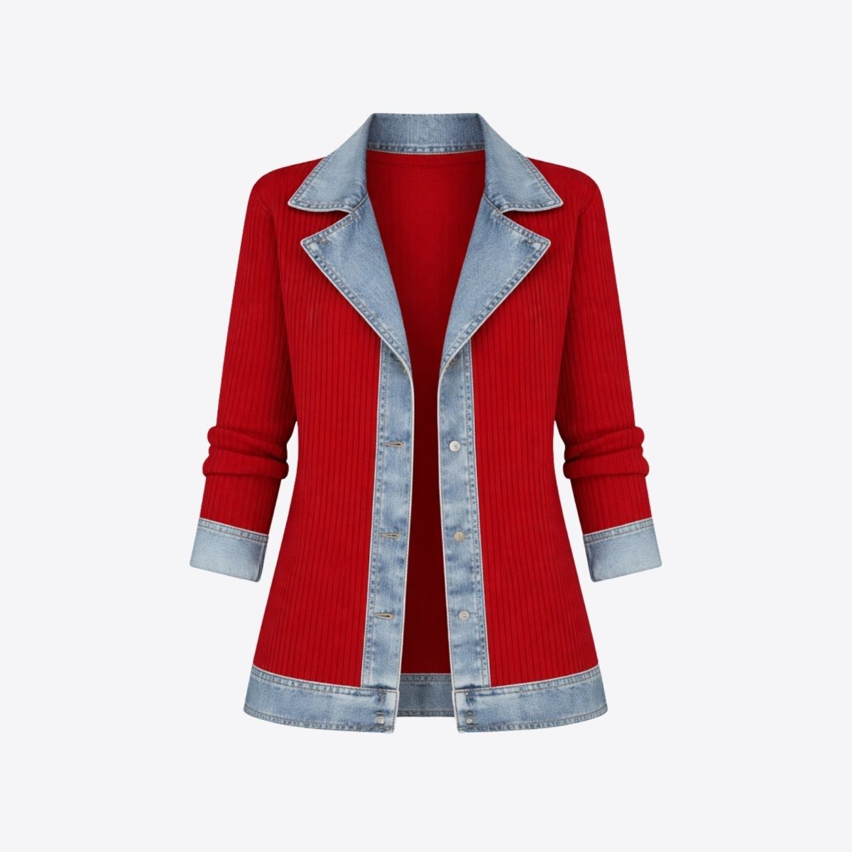 Flat lay front product view of the Kouvr red ribbed knit and denim trim button down cardigan jacket.