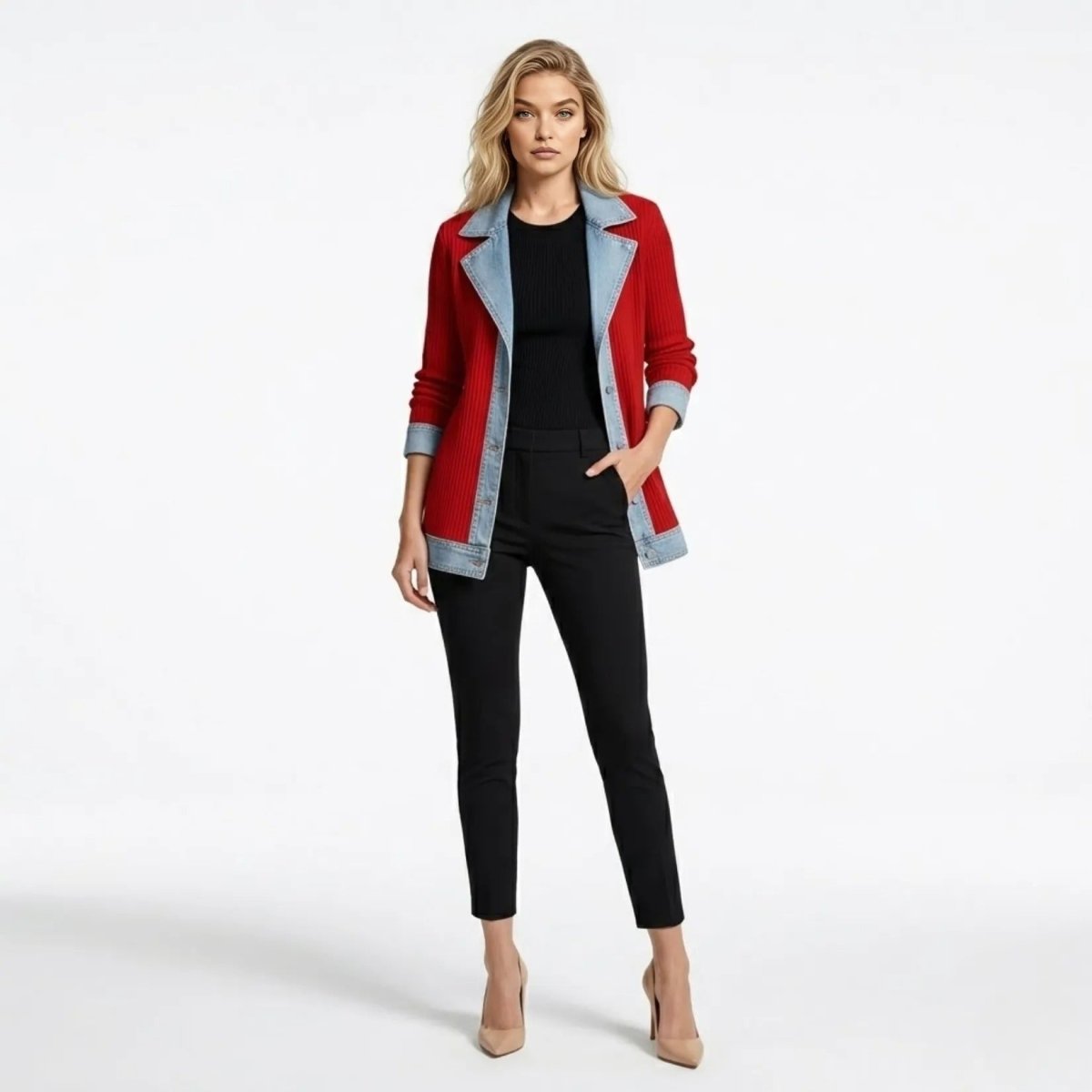 Woman modeling the Kouvr red ribbed knit and light wash denim mixed media sweater jacket worn open over a black top.