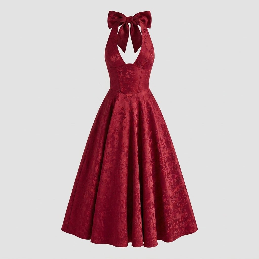 Flat lay front view of the Kouvr deep red floral jacquard halter midi dress showing detailed corset seaming and v-neckline structure.