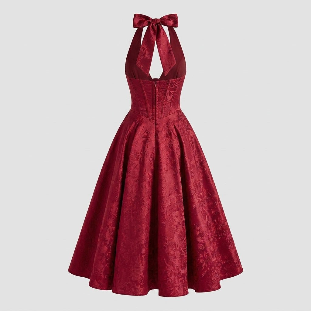 Flat lay back view of the Kouvr deep red floral jacquard midi dress highlighting the rear open back cutout, large tie bow, and invisible zipper closure.