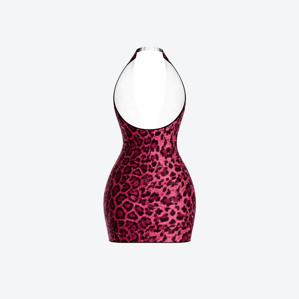 Flat lay back view of the Kouvr red sequin halter dress highlighting the deep scoop backless cut.