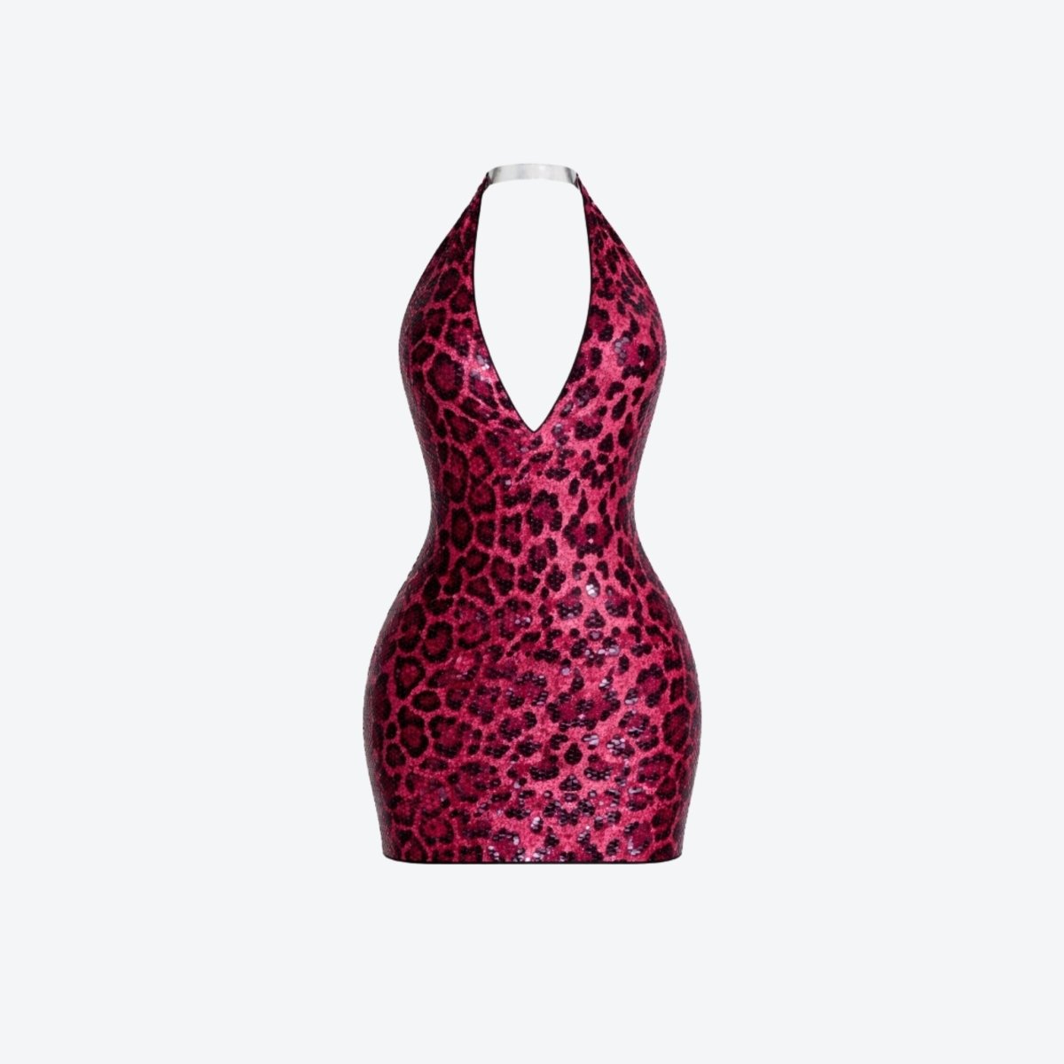Flat lay front view of the Kouvr red sequin animal print plunging v-neck mini dress.