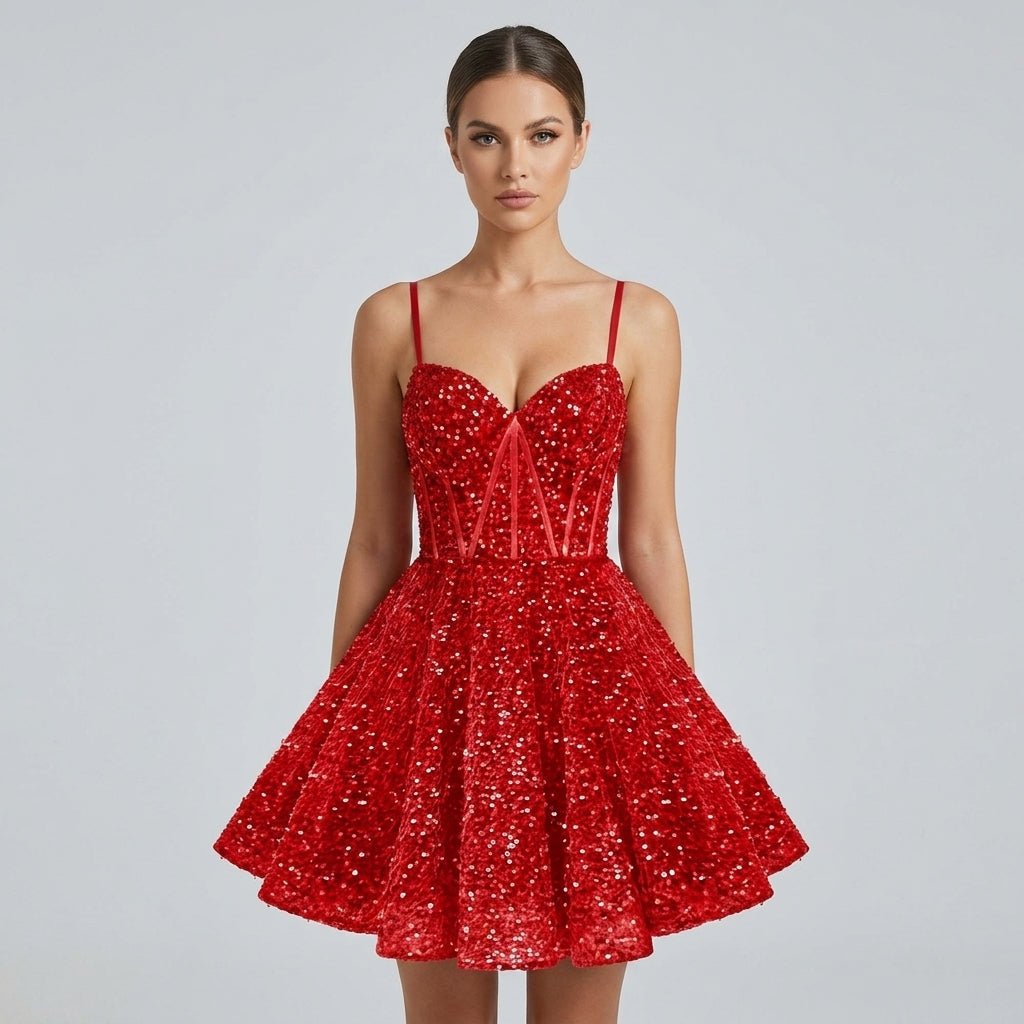 Close up of the structured corset bodice and sweetheart neckline on the red sequin party dress.