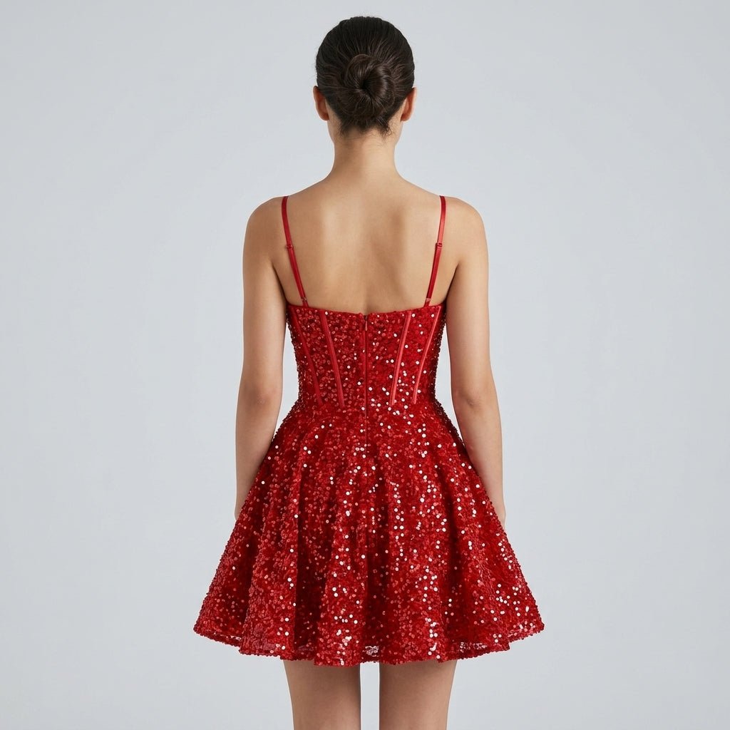 Back view of the red sequin mini dress showing adjustable straps and concealed back zipper.