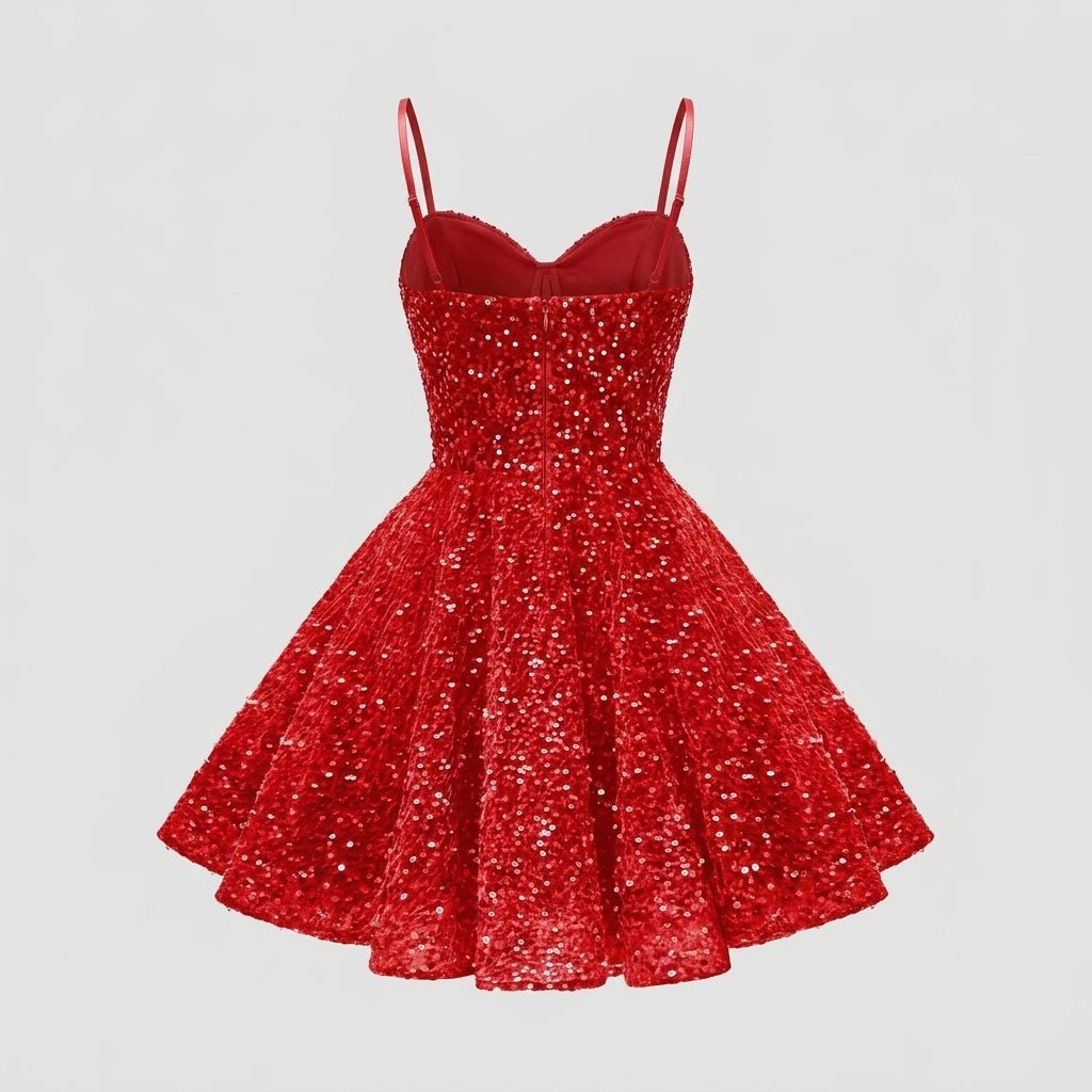 Flat lay back view of the red sequin short dress showing back bodice details.