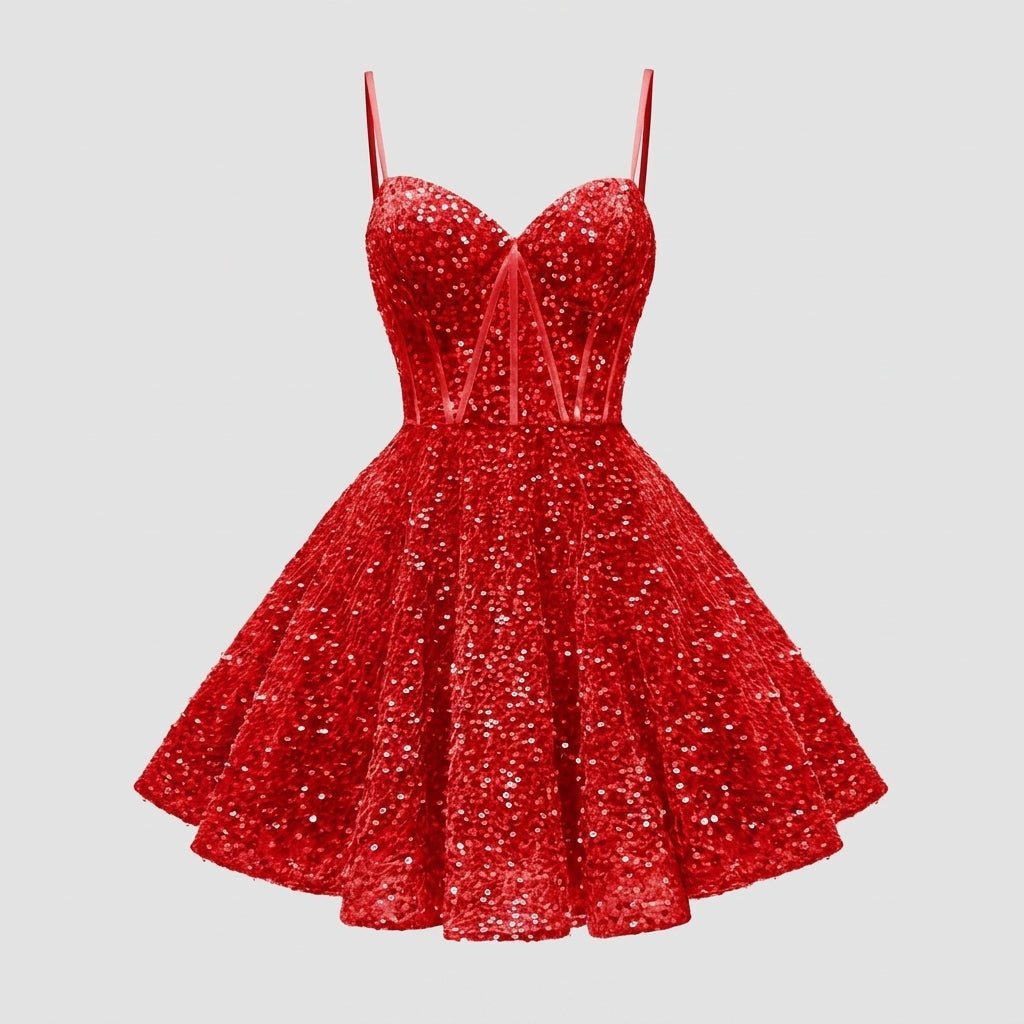 Flat lay front view of the red sparkly fit and flare mini dress.