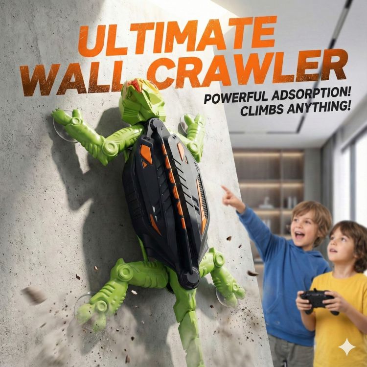 A green remote control wall climbing lizard toy with suction cup feet crawling up a concrete wall as two young boys watch in amazement.