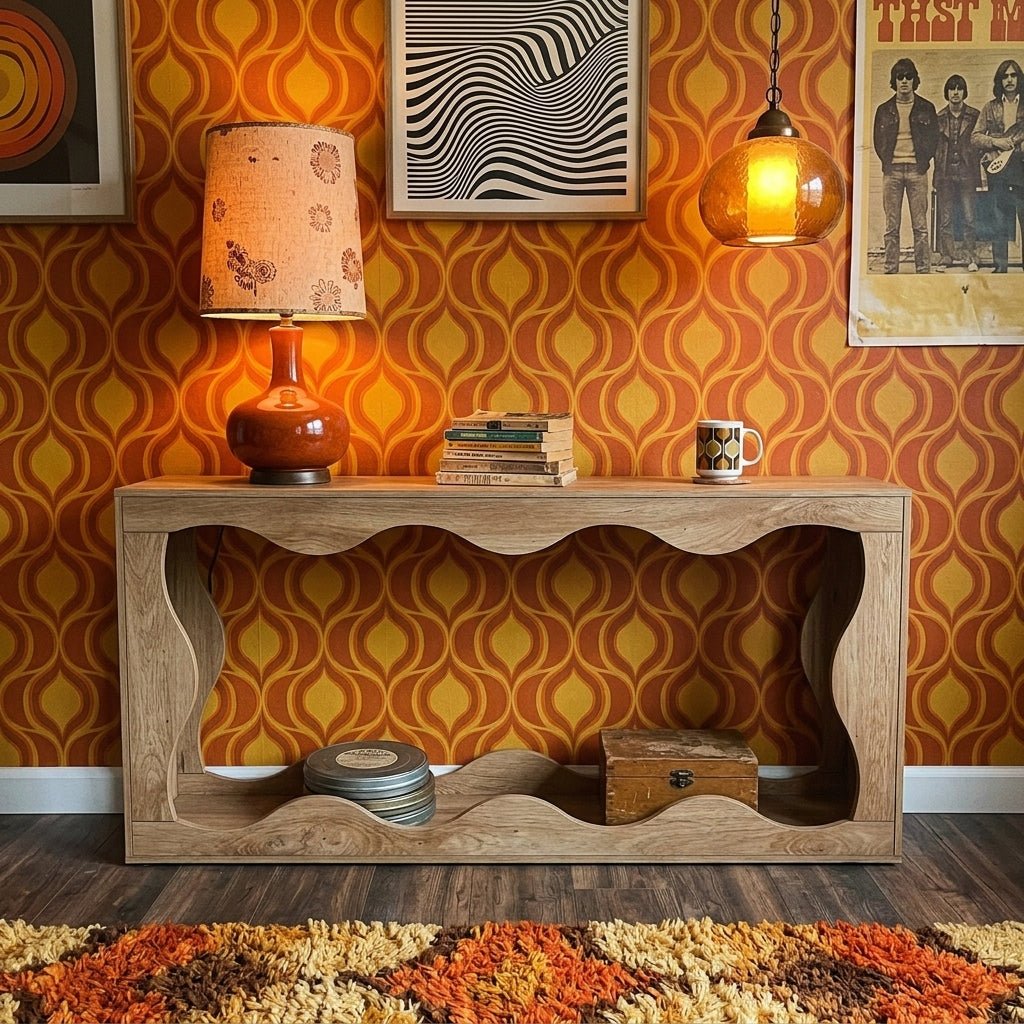 Eclectic entryway scene highlighting a light wood console table with a continuous wave design, perfectly contrasting against retro orange patterned wallpaper and mid-century modern accessories.
