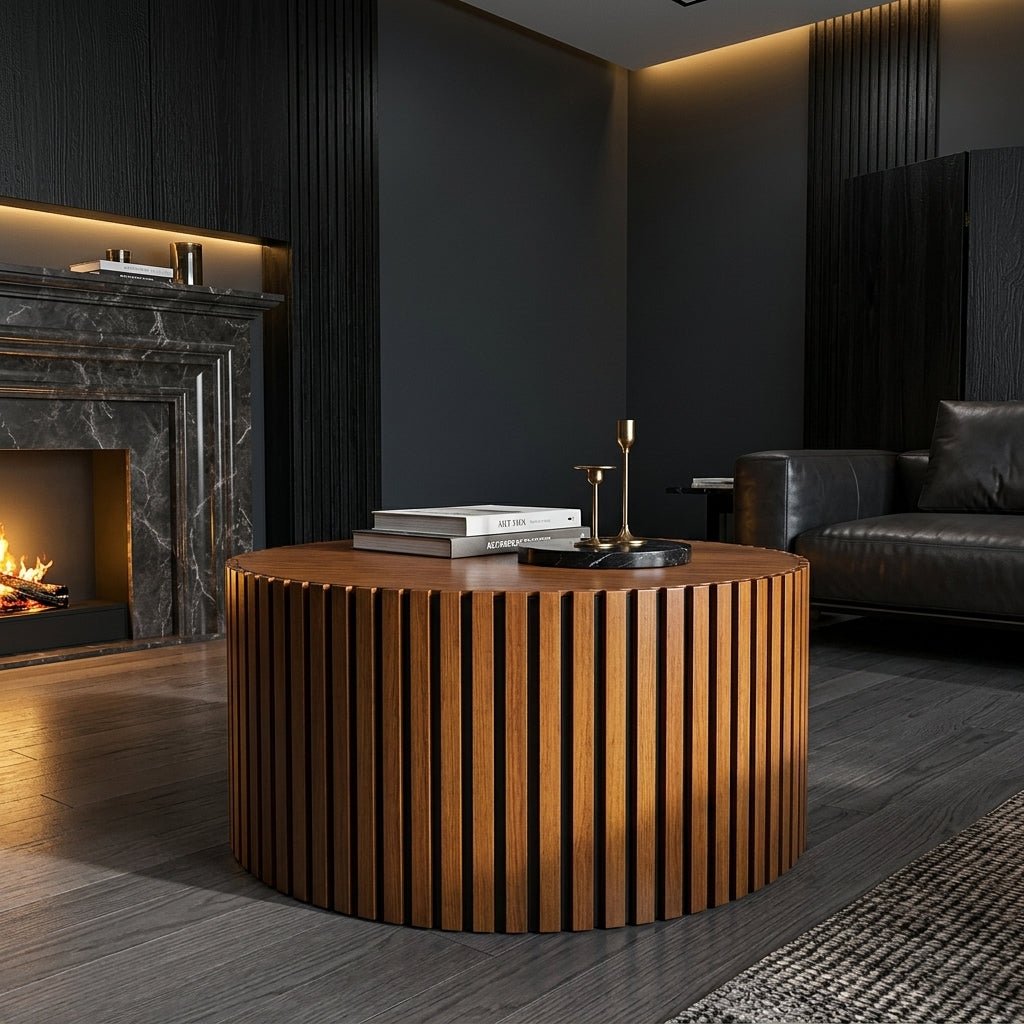 Close up of a ribbed wood round coffee table providing organic warmth in front of a moody, modern dark marble fireplace.