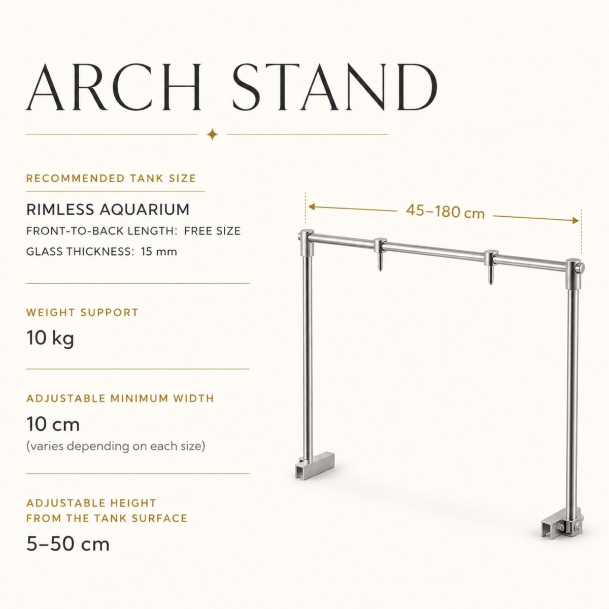 Technical specifications for Kouvr rimless tank light stand highlighting 10kg heavy duty weight support and up to 15mm glass thickness clamping capacity.