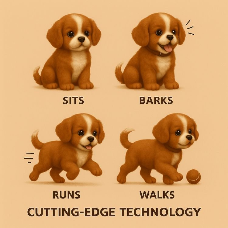 An infographic showing the four main movements of the robot Cavalier puppy: sitting, barking, running, and walking, highlighting its cutting-edge technology.