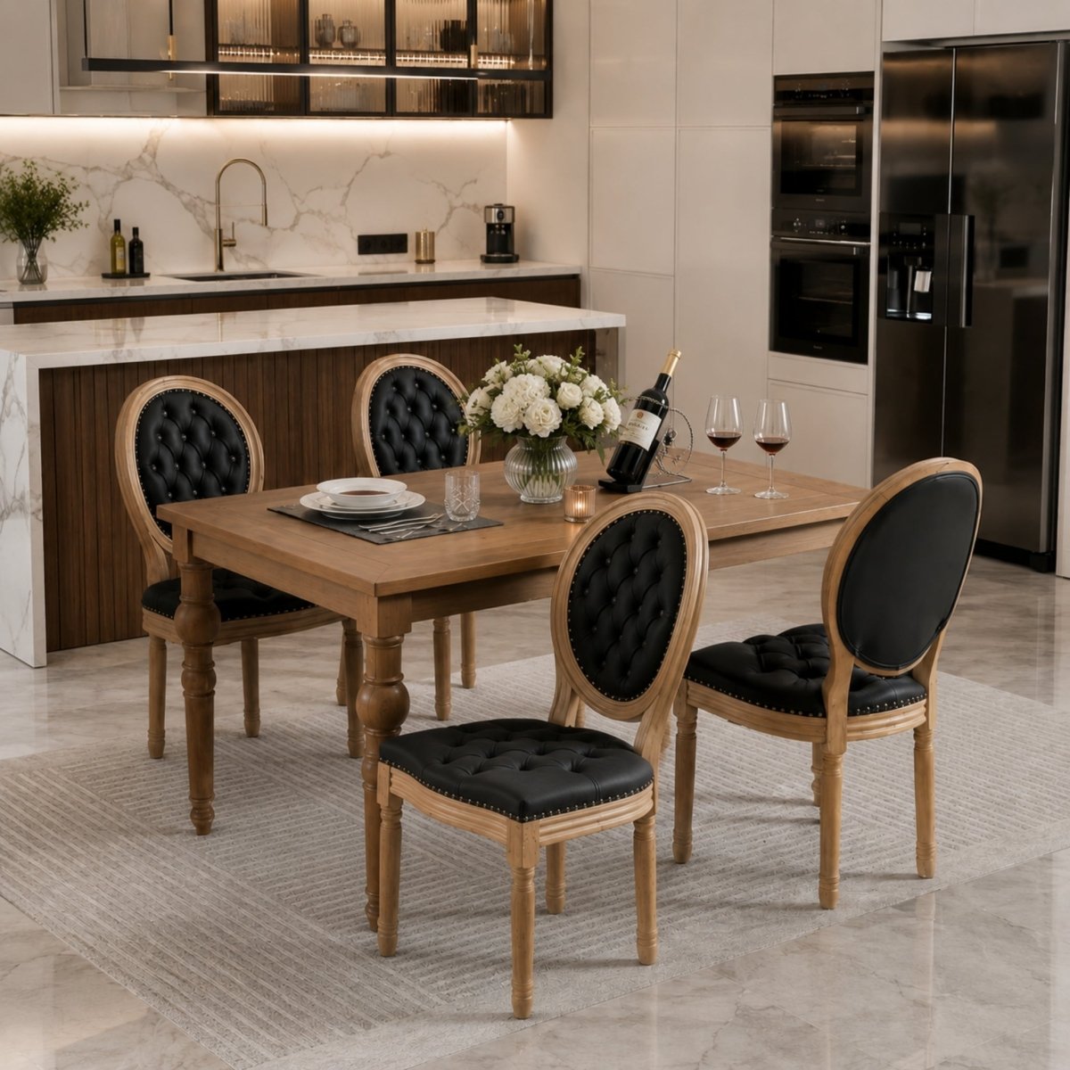 Angled profile of elegant black leather dining chairs highlighting decorative nailhead trim, thick padded seating, and sturdy solid wood frames beside a wooden dining table.