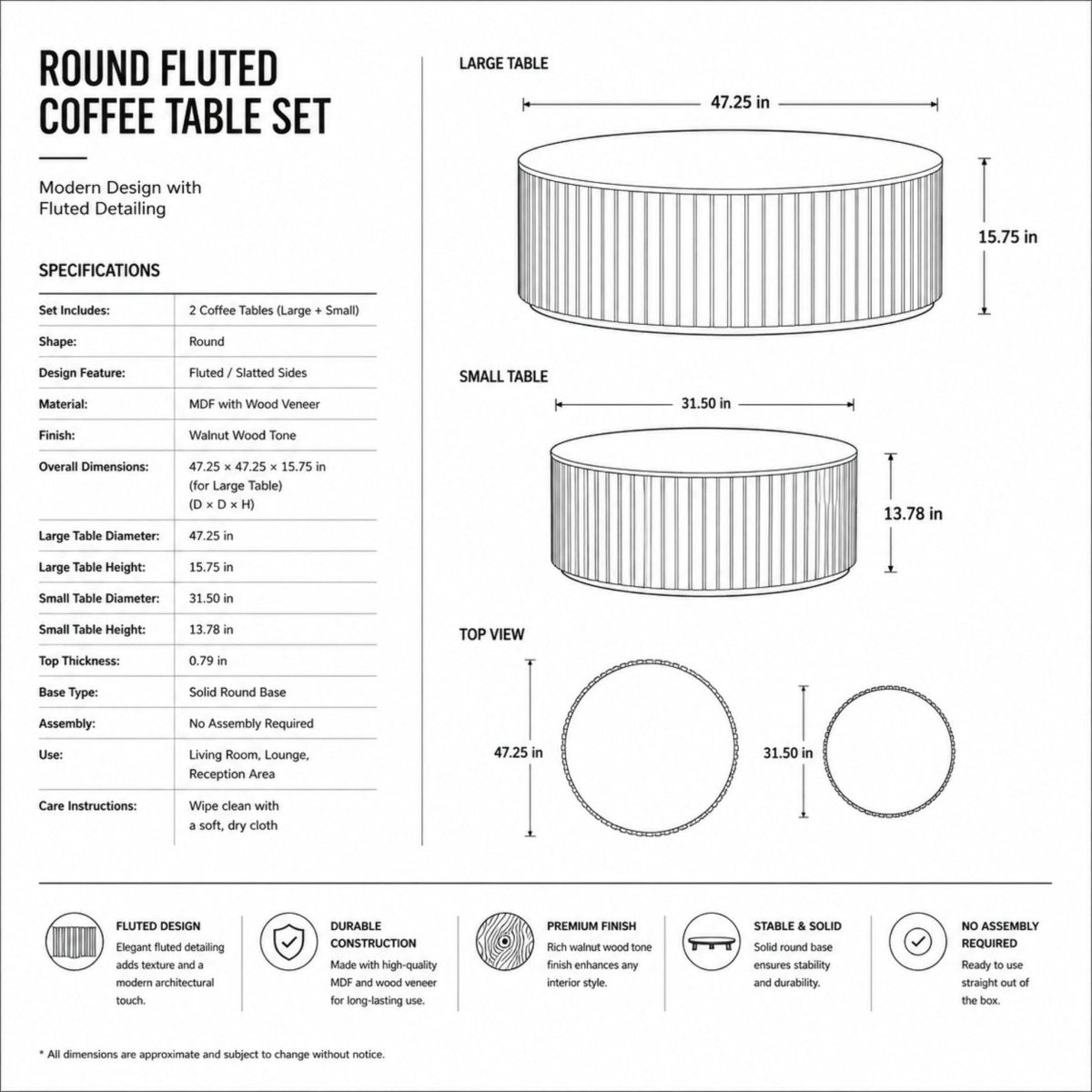 Technical specifications and dimensions for the round fluted coffee table set including 47.25 inch and 31.50 inch diameters with walnut wood tone finish.