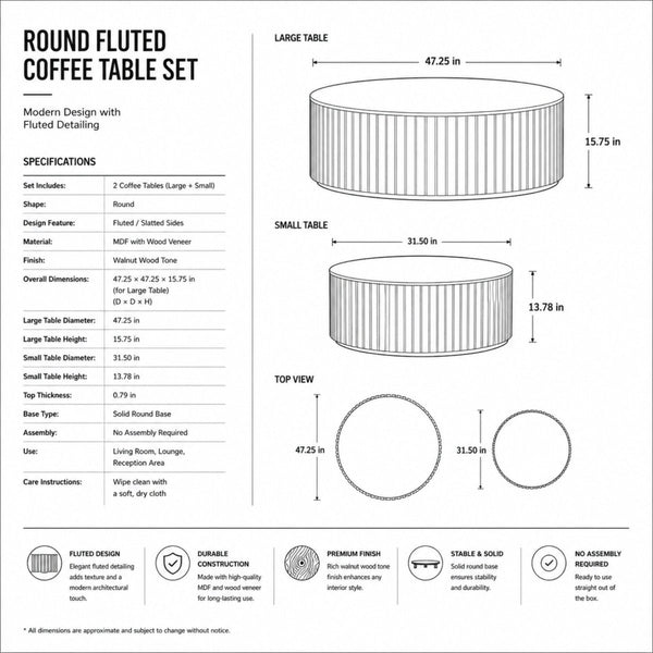 Technical specifications and dimensions for the round fluted coffee table set including 47.25 inch and 31.50 inch diameters with walnut wood tone finish.