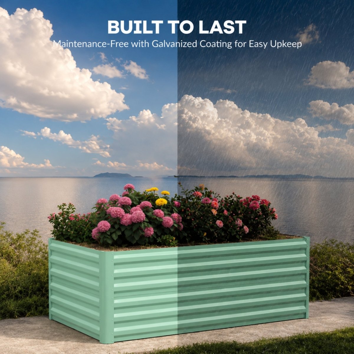 Split screen showing the maintenance-free Kouvr raised garden bed withstanding both harsh sunlight and heavy rain without rusting.