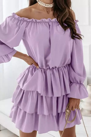 purple babydoll dress Off Shoulder Tiered Ruffle Mini Dress