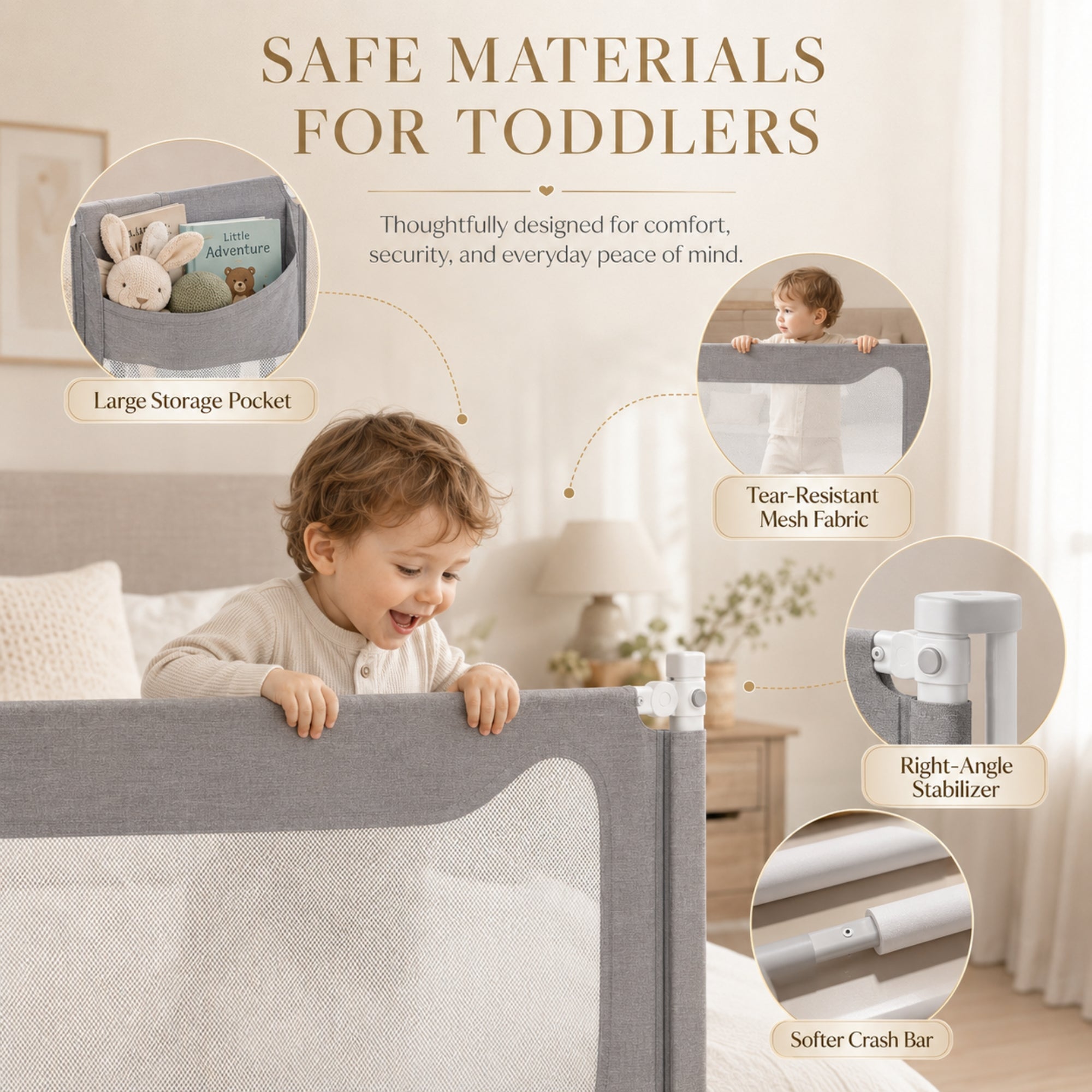 Close-up of a toddler peering over the soft crash bar of a Kouvr guardrail, with layout diagrams highlighting the large storage pocket, tear-resistant fabric, and right-angle stabilizer.