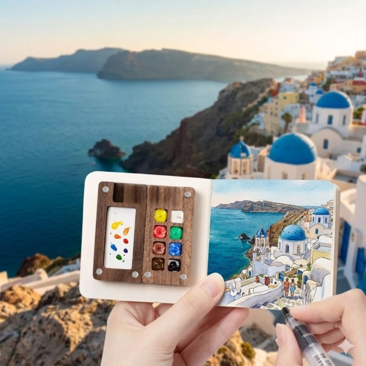 Hands holding an open wooden travel palette and sketchbook with a completed miniature watercolor painting of Santorini, Greece, overlooking the real blue-domed buildings and Aegean Sea.