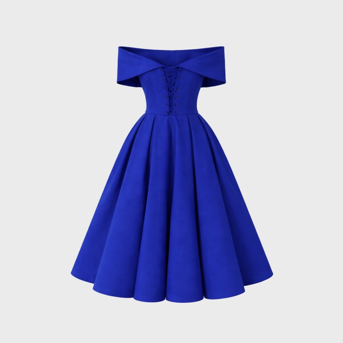 Back view of an empty sapphire blue corset back midi dress on a light grey background