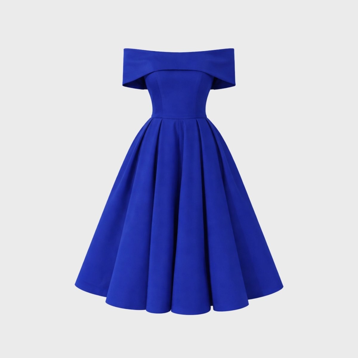 Front view of an empty sapphire blue off shoulder A line dress on a light grey background
