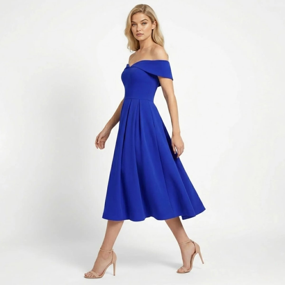 Side profile of a sapphire blue A-line cocktail dress with sweetheart neckline