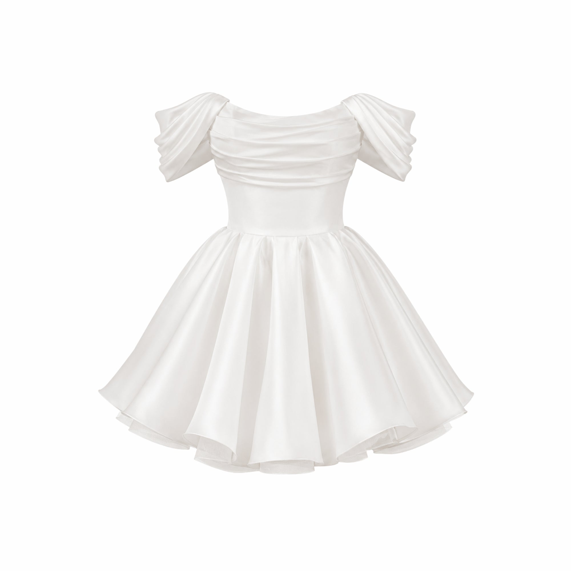 Flatlay product view of the Kouvr white satin off shoulder sweetheart homecoming mini dress.