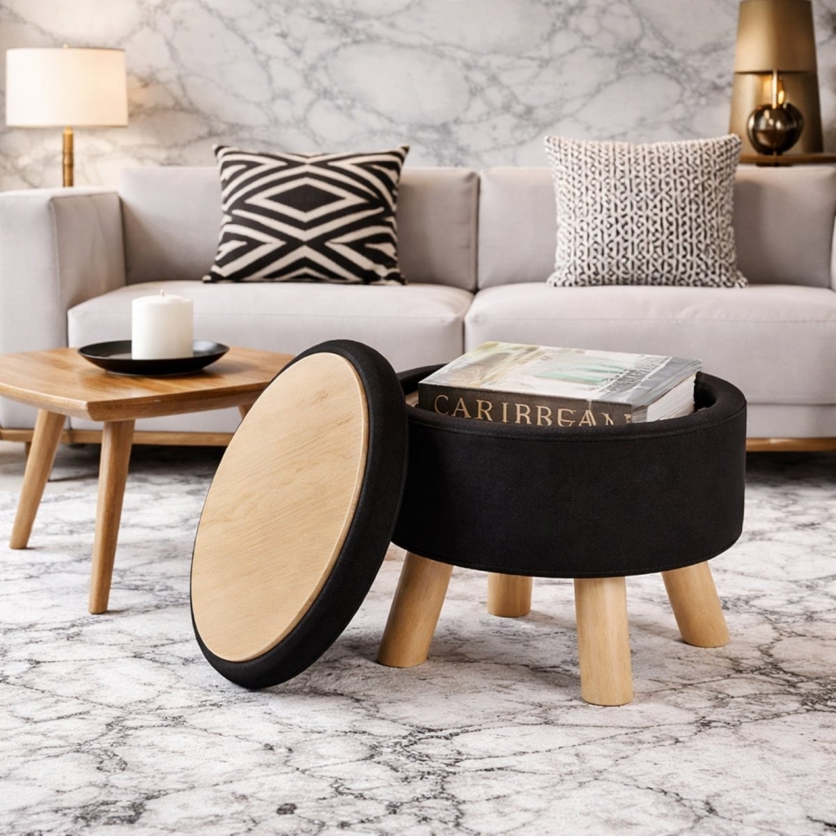 A white bouclé accent stool sitting on a woven rug in a modern Scandinavian bedroom, highlighting its use as a versatile piece of home decor.