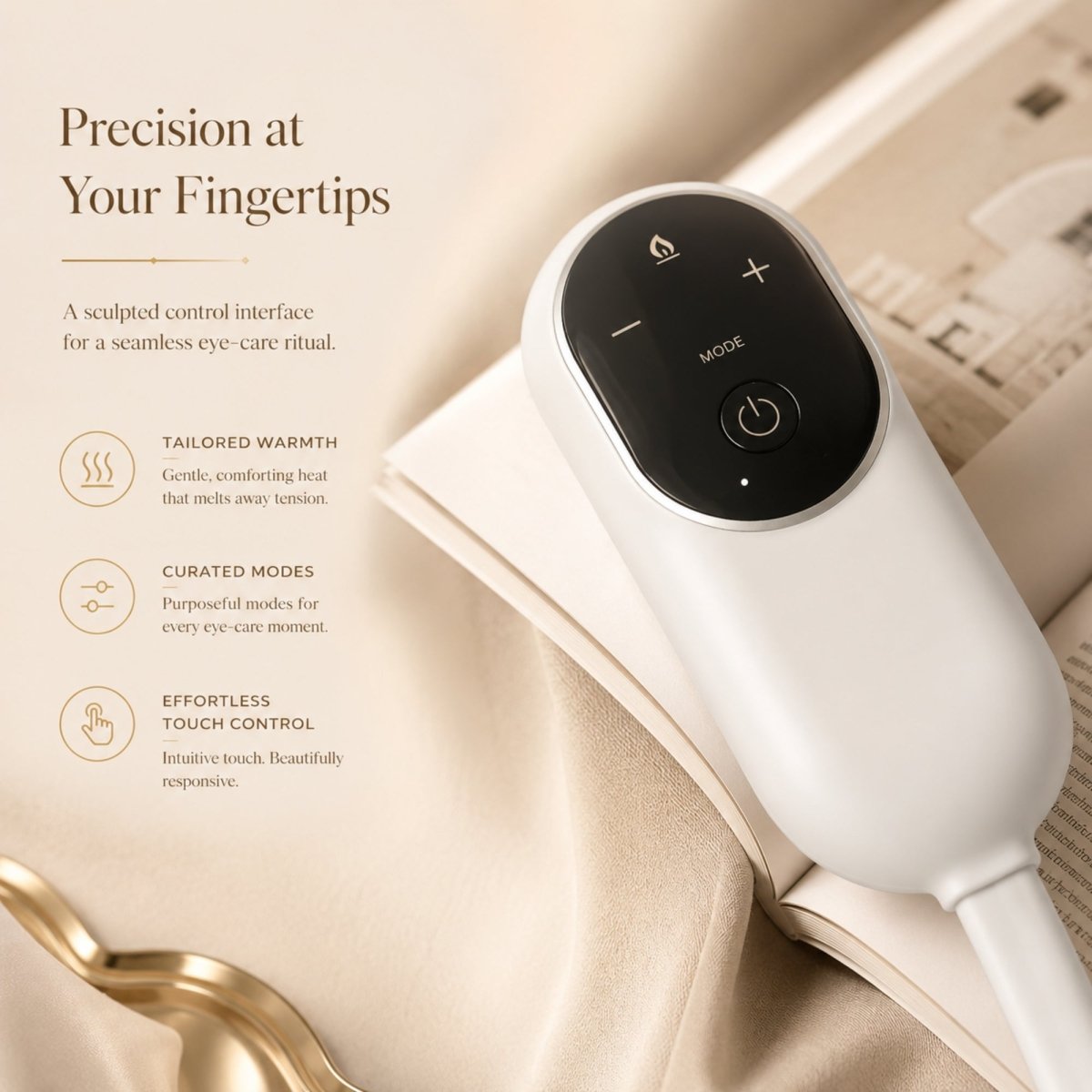 Close up view of the ergonomic white and black handheld remote control showing effortless touch buttons for tailored warmth and curated massage modes.