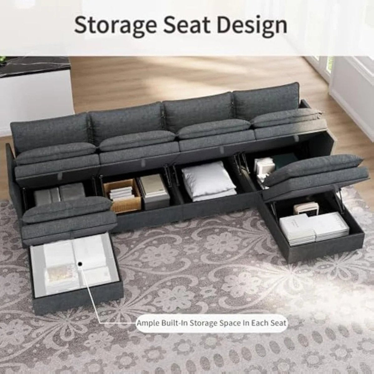Kouvr Dark Grey sectional sofa with built-in storage seats in a room setting.