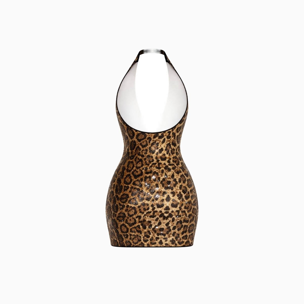 Back flat lay studio view of Kouvr open back halter sequin leopard print dress