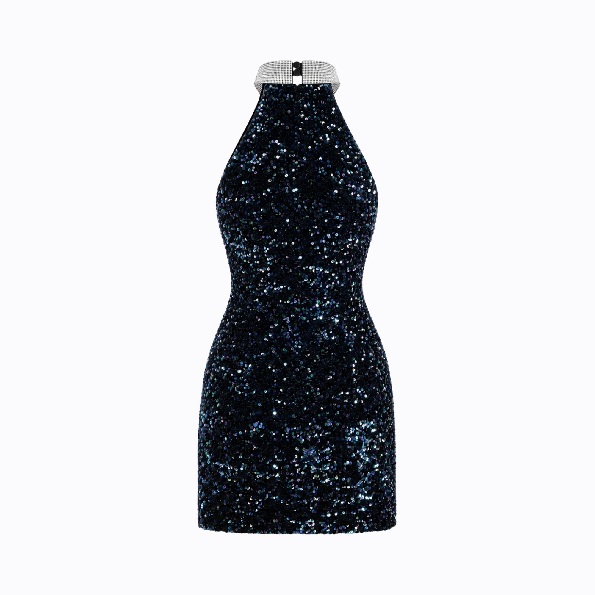 Flat lay back view of a dark blue sequin mini dress showing the secure neck clasp hardware and tailored bodycon shape.