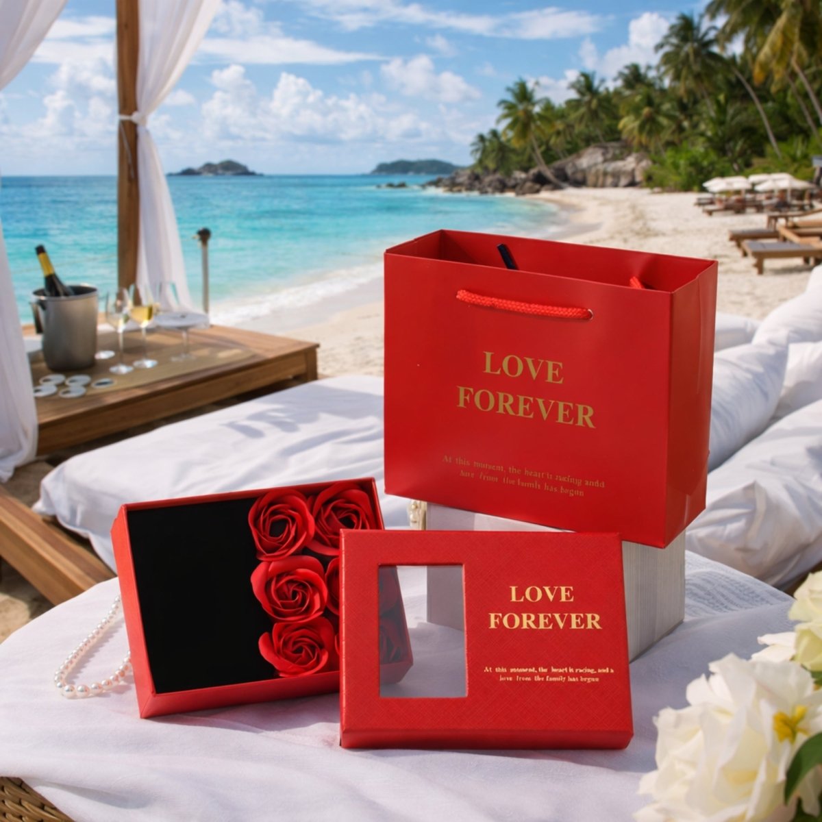 A Valentine's Day beachside romantic setup in the Seychelles, with two red 'Love Forever' gift boxes on a white cloth on the sand, featuring five red preserved roses and a gold necklace with a sunflower pendant, against an ocean and cabana background.