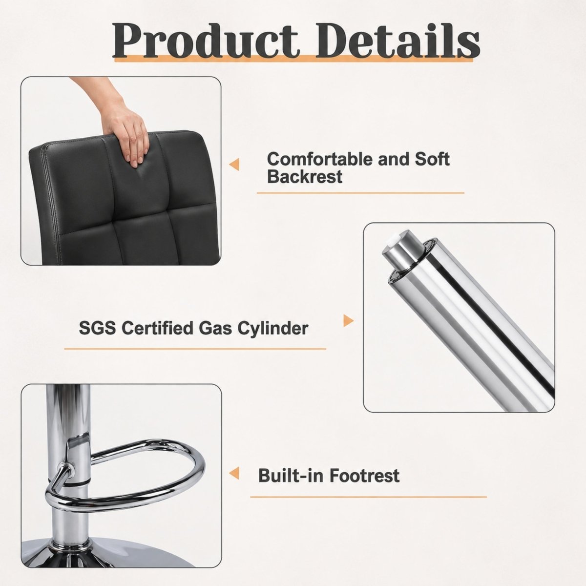 Close up of high quality SGS certified gas cylinder and built-in polished chrome footrest on an adjustable height bar stool.
