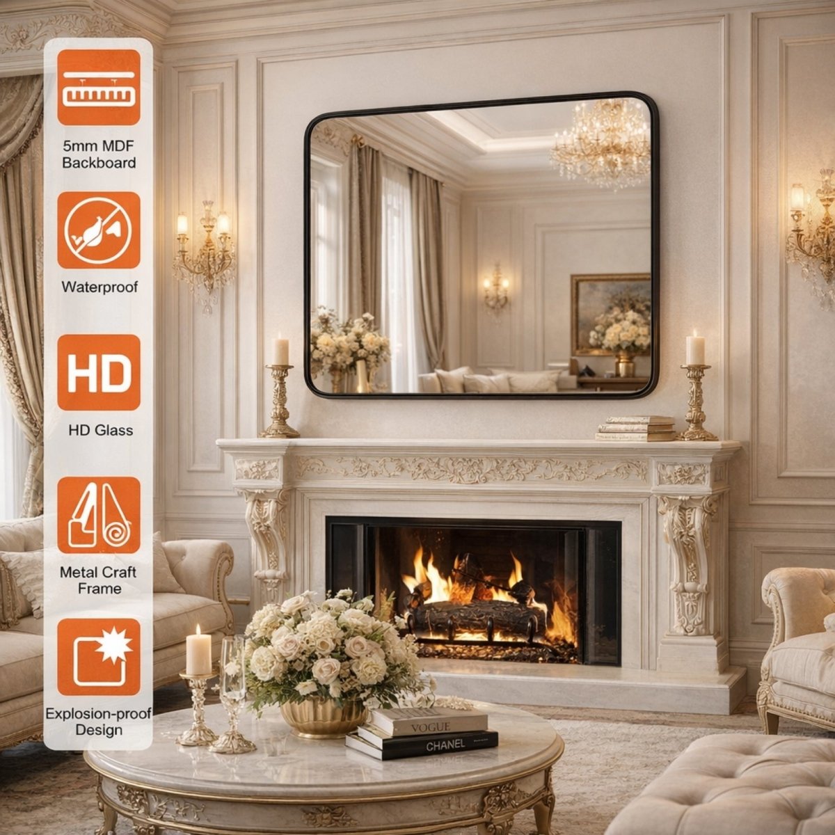 Diagram showing 5mm HD glass layers, waterproof backboard, and explosion-proof film safety features of the Kouvr mirror.